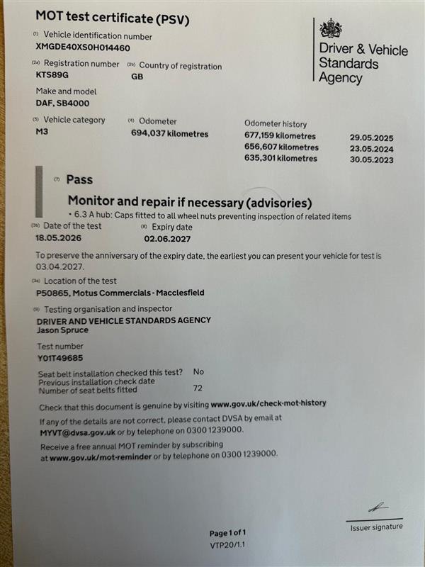 2007 DAF SB4000 FULLY AUTOMATIC 70 SEATER VAN HOOL T9